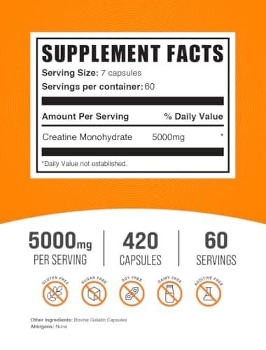 BulkSupplements.com Creatine Monohydrate Capsules - Micronized Creatine Pills - Gluten Free, 7 Capsules per Serving (5000mg), 420 Count (Pack of 1)