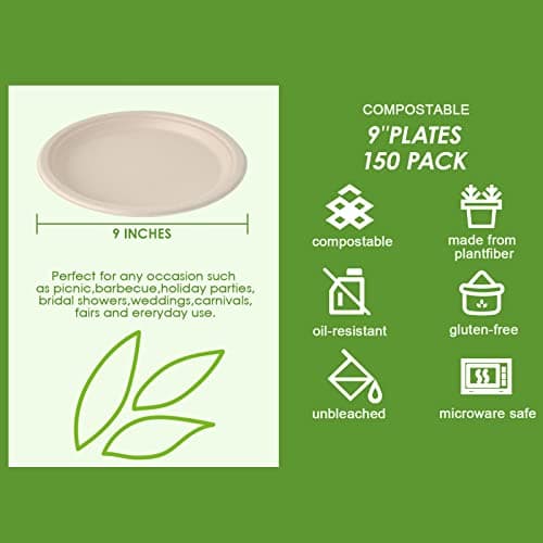 Vplus 150 Pack Paper Plates 9 inch 100% Compostable, Heavy-Duty Disposable Paper Plates Bagasse Natural Biodegradable Eco-Friendly Sugarcane