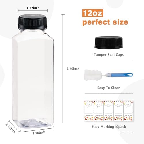 Lissomballon 10 Pcs 12oz Plastic Juice Bottles With Caps, Reusable Food Grade Chear Juice Containers for Juicing, Smoothies, Coffee, and Other Beverages