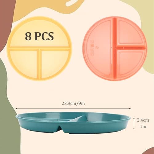 LYHLYA 9-Inch Unbreakable Divided Plates, 8-Pack Microwave & Dishwasher Safe Wheat Straw Plates, BPA-Free, 3-Compartment Portion Control Plates, Durable Dinnerware