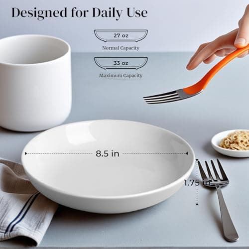 DeeCoo 7 Pack Porcelain Pasta Bowls Ceramic , Large Serving Bowl, Wide and Shallow, Set 8.3 Inch - 30 Ounce - for Pasta, Salad, Cereal, Soup & Microwave & Dishwasher Safe