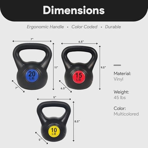 Signature Fitness Wide Grip Kettlebell Exercise Fitness Weight Set, Includes 10 lbs, 15 lbs, 20 lbs
