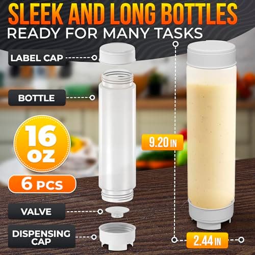 Set of 6 Inverted Condiment Squeeze Bottles 16 oz – Upgraded Design with Added Sealing Gaskets, Self-Closing Valve, Easy-to-Fill Clear Bottles for Sauces, Dressings, Ketchup, Mustard for Everyday Use
