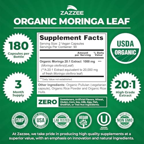 Zazzee USDA Organic Moringa Leaf 20:1 Extract, 180 Vegan Capsules, 3 Month Supply, Certified Kosher, Moringa Oleifera, Antioxidant, Immune & Cellular Support, Superfood Supplement, Made in the USA