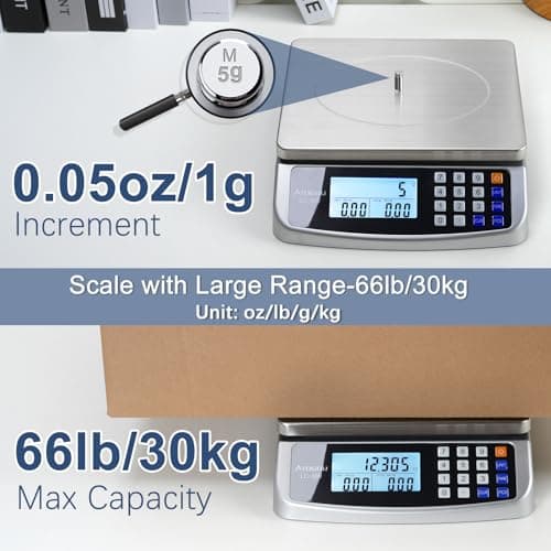 Atogou 110lb Food Scale, Commercial Kitchen Scale with Price Computing, Plug-in Usable, 0.05oz/1g, 304 Stainless Steel, for Cooking, Vegetables, Farm, Industry, Counting. LC300 Silver