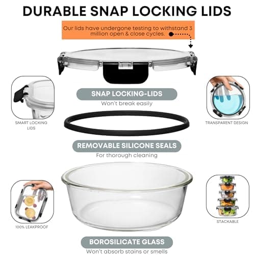 Razab 30 PC Glass Food Storage Containers with Lids - Reusable Glass Meal Prep Containers for Lunch and Leftovers - Airtight & Leakproof Snap Locking Lids - Oven, Freezer, Microwave, Dishwasher Safe