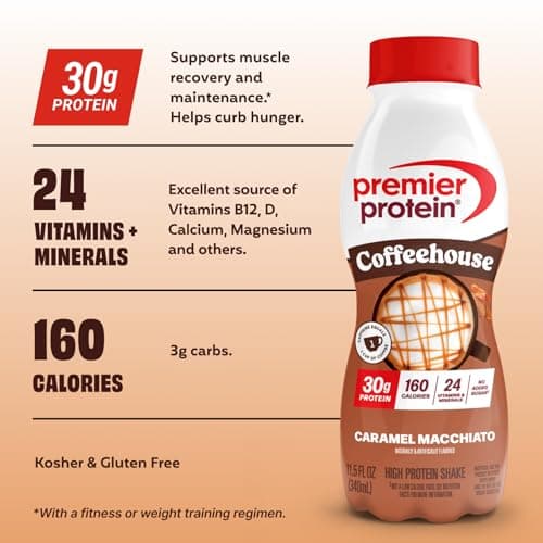 Premier Protein Coffehouse Caramel Macchiato Protein Shake with Caffeine for Energy – 30g Protein, No Added Sugar, 24 Vitamins & Minerals, 11.5 fl oz, 12 Pack, Gluten Free, Bottle