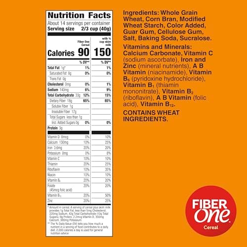 Fiber One Cereal, Original Bran, High Fiber Cereal Made with Whole Grain, 19.6 oz