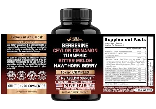 Berberine with Ceylon Cinnamon | Bitter Melon (Karela) | Apple Cider Vinegar | Hawthorn Berry | Citrus Bergamot | Turmeric - 15-in-1 Supplement for Heart Support, Metabolism & Energy - 60 Capsules