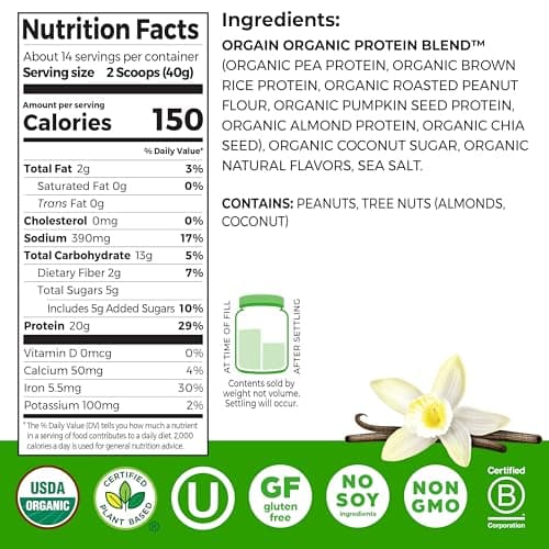 Orgain Organic Simple Vegan Protein Powder, Vanilla - 20g Plant Based Protein, Made with less Ingredients, No Artificial Sweeteners, Gluten Free, No Dairy or Lactose, 1.25 lb (Packaging May Vary)