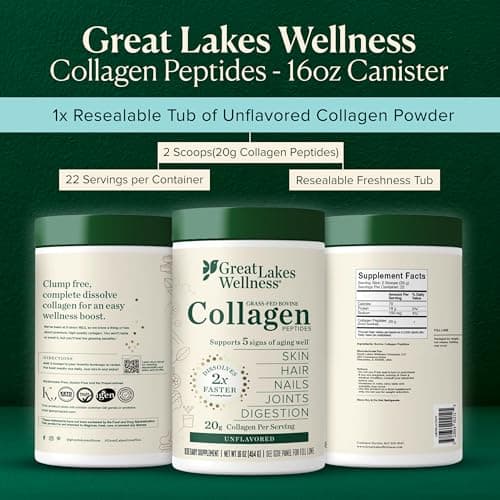 Great Lakes Wellness Collagen Peptides Powder – Supports Skin, Hair, Nails, Joints & Digestion – Hydrolyzed, Quick Dissolve, Non-GMO, Keto & Kosher – Pure Collagen Protein (16 oz, 22 Servings)