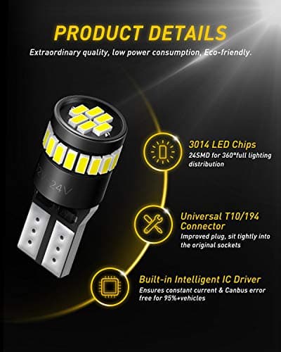 AUXITO 194 LED Bulbs for License Plate Light 168 175 2825 W5W T10 24-SMD 3014 Chipsets 6000K White for Car Dome Door Map Dash Courtesy Cargo License Plate Lights, Pack of 2