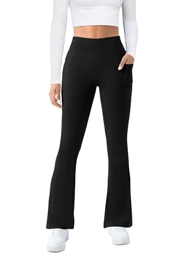 COPYLEAF Womens Yoga Pants with Pockets High Waisted Flare Leggings Bell Bottom Yoga Dress Pants Seamless Bootcut Pants(Black L)
