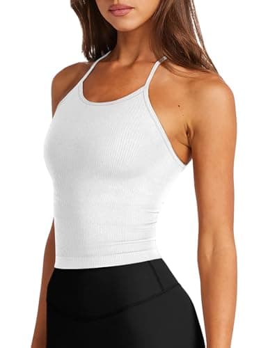 LASLULU Womens Sports Bra Halter Neck Crop Tops Seamless Casual Camisole Longline Running Athletic Bra Cropped Tops(White Medium)