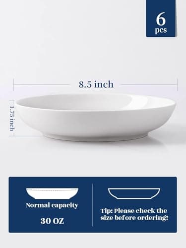 Y YHY Pasta Bowls, 30oz Salad Bowls White Soup Bowls Large Pasta Serving Bowl Porcelain Pasta Plates Wide and Shallow Bowls Set of 6 Microwave Dishwasher Safe Valentines Day Gift