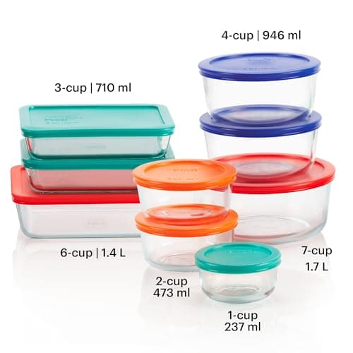 Pyrex Simply Store (9-Pack) Mixed Sized Glass Food Storage Set, Round & Rectangular Containers With Plastic Lids, BPA-Free, Dishwasher & Microwave Safe
