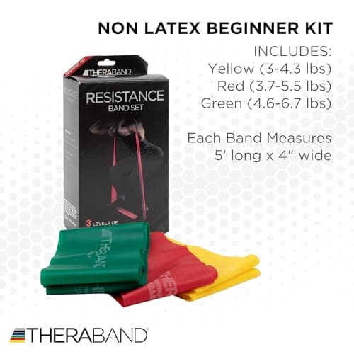 THERABAND Resistance Bands Set, Beginner Kit, Yellow, Red, Green, Non-Latex Elastic Bands for Exercise & Physical Therapy, Strength Training for Upper & Lower Body Fitness
