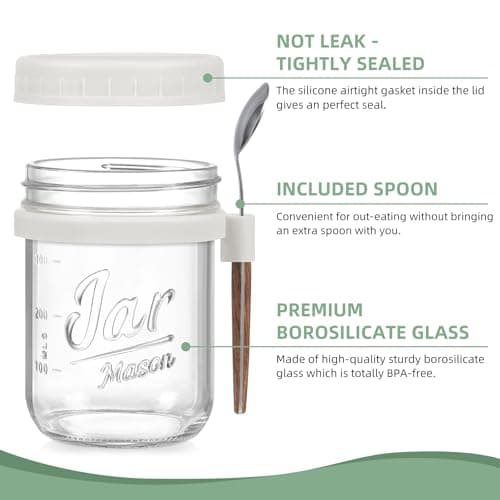 4 Pack Overnight Oats Containers with Lids and Spoons, 16 oz Glass Mason Jars with Airtight Lids, Overnight Oats Jars for Milk, Cereal, Fruit