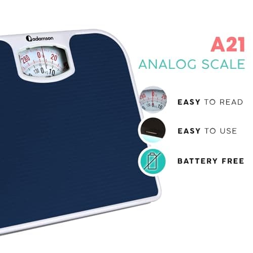 Adamson A21 Analog Scales for Body Weight - Up to 300 LB - New - Anti-Skid Rubber Surface - Large Numbers - Analog Bathroom Scale - Affordable - Durable with 20-Year Assurance - Blue