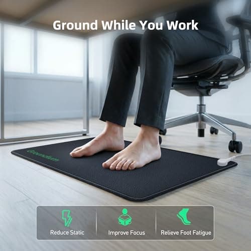 Groundium Grounding Mat (16.34" x 25.2") - Conductive Carbon PU Earthing Pad for Feet, Under Desk, and Bed - Static Discharge and Ambient Voltage Reduction - Includes 16.4ft Cord and Outlet Tester