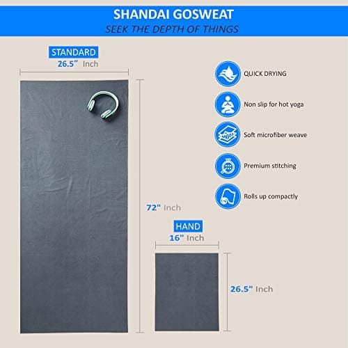 Shandali Hot Yoga Towel - Suede - 100% Microfiber, Super Absorbent, Bikram Yoga Mat Towel - Exercise, Fitness, Pilates, and Yoga Gear - Gray 26.5" x 72"