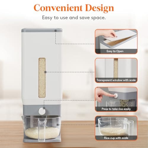 Lifewit Rice Dispenser 25 Lbs(11.3kg), Rice Storage Container Sealed Moisture Proof with Measuring Cup for Kitchen Pantry Household, BPA-Free, 1 Pack Grey