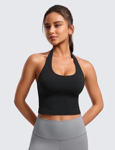 CRZ YOGA Butterluxe Halter Crop Tank Tops for Women - Open Back Padded Longline Sports Bras Workout Gym Black Medium
