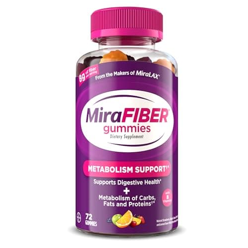 MiraFIBER Gummies from The Makers of MiraLAX, 8g of Daily Fiber Per Serving, Metabolism Support with B Vitamins, Gut Health for Men & Women,Prebiotic Fiber Gummies for Adults, Mixed Fruit Flavor 72Ct