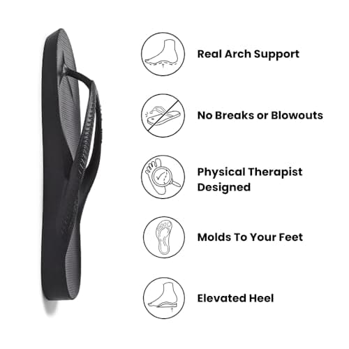 Archies Arch Support Flip Flops for Men & Women, Black, US Men's 7