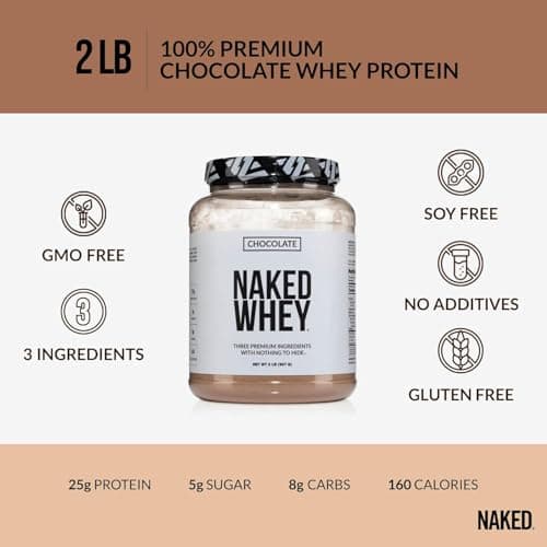 NAKED Whey Chocolate Protein Powder - Only 3 Ingredients - Grass Fed Whey Protein Powder, Organic Chocolate and Organic Coconut Sugar, NSF Certified, No GMO, No Soy, and Gluten Free - 24 Servings