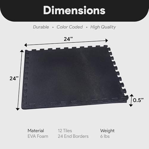 BalanceFrom Puzzle Exercise Mat 1/2' Thick, EVA Interlocking Foam Floor Tiles for Home Gym, Mat for Home Workout Equipment, Floor Padding for Kids, Black, 24 in x 24 in x 1/2 in, 48 Sq Ft - 12 Tiles