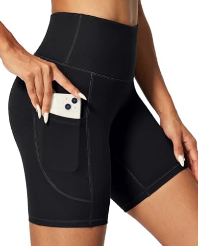 IUGA Biker Shorts Women 6" Tummy Control Workout Shorts Women with Pockets High Waisted Yoga Running Gym Spandex Compression Black