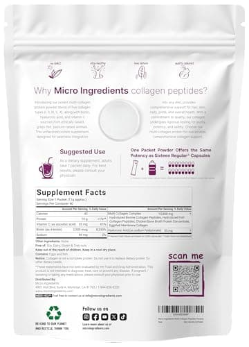 Micro Ingredients Multi Collagen Peptides Powder, 40 Stick Packs | Type I, II, III, V, X + Biotin, Vitamin C & Hyaluronic Acid | Unflavored | Supports Hair, Skin & Joint Health | Keto, Non-GMO