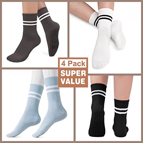 BLONGW Pilates Socks with Grips for Women, Non-Slip Yoga Athletic Socks for Barre Barefoot Workout Hospital (US, Alpha, Small, Medium, Regular, Regular, 3 Blue/White/Gray/Black- 4 Pairs)