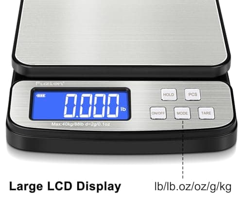 Fuzion Digital Shipping Postal Scale - 88lb x 0.1oz, Stainless Steel Platform, 5 Units, Hold/Tare/PCS Counting, Easy Calibration, Large LCD, Scale for Packages, All-in-1 Shipping Scale
