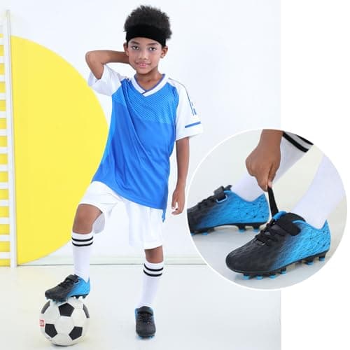 brooman Kids Firm Ground Soccer Cleats Boys Girls Athletic Outdoor Football Shoes(13,Black Blue)