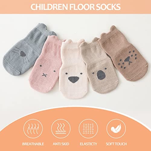 TRUEHAN 5 Pairs Toddler Non Slip Socks with Grips Baby Socks for Kids Girls Boys (5 Pairs Animal A,1-3 years)