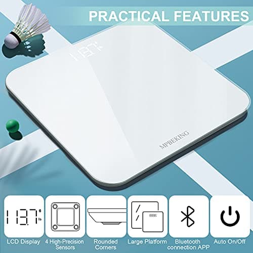 Scale for Body Weight, High Accuracy Bathroom Digital Scales, Bluetooth Weighing Scale, Unlimited Users, LCD Display, Round Corner Disign, Compact Size with Sturdy Tempered Glass 400lb- White