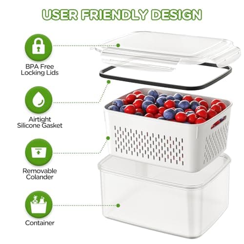 4 PCS Fruit Storage Containers for Fridge, Produce Containers for Fridge with Removable Colander, All-In-One Fruit Washing Bowl with Strainer Microwave/Dishwasher Safe for Salad Berry Lettuce Keeper