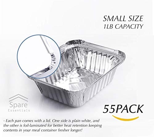 Spare Essentials 55 Pack - Small Foil Pans with Lids - To Go Food Containers with Lids 1lb Mini Aluminum Pans Freezer Safe Foil Take out Trays Heat proof Aluminum Meal Prep Containers 5.5x4.5x1.9 in