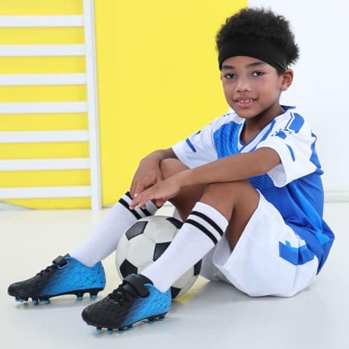 brooman Kids Firm Ground Soccer Cleats Boys Girls Athletic Outdoor Football Shoes(13,Black Blue)