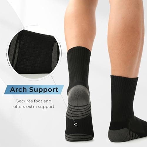 BAMBOO COOL Men's Crew Socks Athletic Running Sports Socks, Cushioned Moisture Wicking, Breathable Arch Support 6 Pack Black