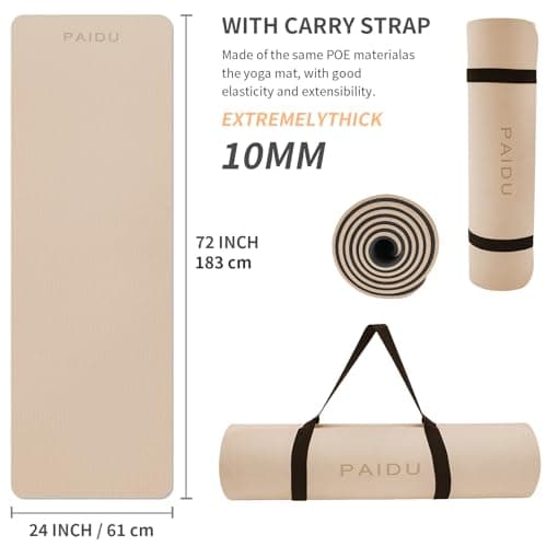 PAIDU Yoga Mat Non Slip Anti-tear,extra thick-2/5 inch(10MM)High Resiliency Professional POE Yoga Mats for Women Men Kids,72"x24"inch,Workout, Yoga, Pilates and Floor Exercise, with Carrier Strap
