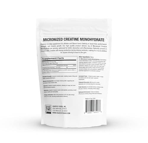 HEARTHY FOODS Creatine Monohydrate Micronized Powder 500G - 100 Servings, 5000mg Per Serving (5g) - for Men & Women Muscle Growth & Recovery - UNFLAVORED