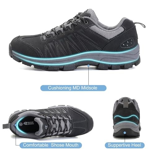 OL OUTJET LEGEND Men's Waterproof Hiking Shoes Leather Comfortable Lightweight Anti-Slip Outdoor Walking Work Sneakers Black
