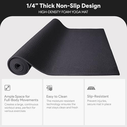 Fitvids 1/4-Inch High Density Thick Non Slip Yoga Mat with Knee Pad and Carrying Strap for Workout, Pilates, Gym Home Exercise, Black