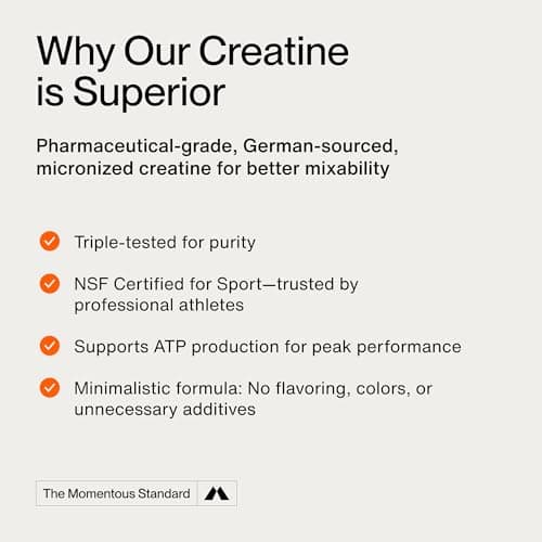 Momentous Creatine Monohydrate Powder - Creatine Powder - Supports Strength, Lean Muscle, & Recovery for Men & Women - NSF Certified for Sport - 5 g per Serving - 90 Servings