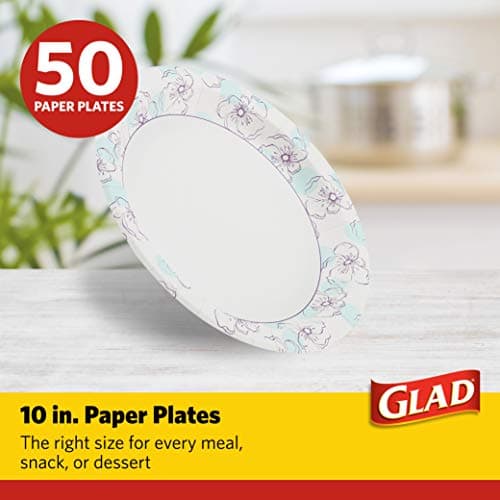 Glad Round Disposable Paper Plates, Blue Flower Design, Heavy Duty Soak Proof Cut Resistant Microwave Safe Plates for Meals, Parties, Picnics, and Events, 10 Inch, 50 Count