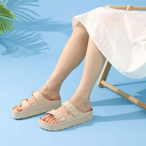 Goosecret Women's Platform Sandals with Arch Support Chunky Lightweight Foam Slip on Slides Comfortable Summer Beach Sandals with Adjustable Buckle Nude, 39(size 8-8.5)
