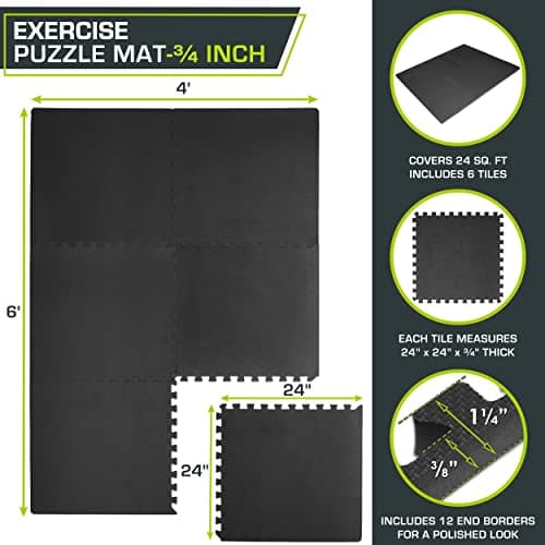 ProsourceFit Weaved Pattern Extra Thick Exercise Puzzle Mat ¾-inch, EVA Foam Interlocking Tiles for Protective, Cushioned Flooring for Home and Gym Equipment; Black, 24 SQ FT, 6 Tiles